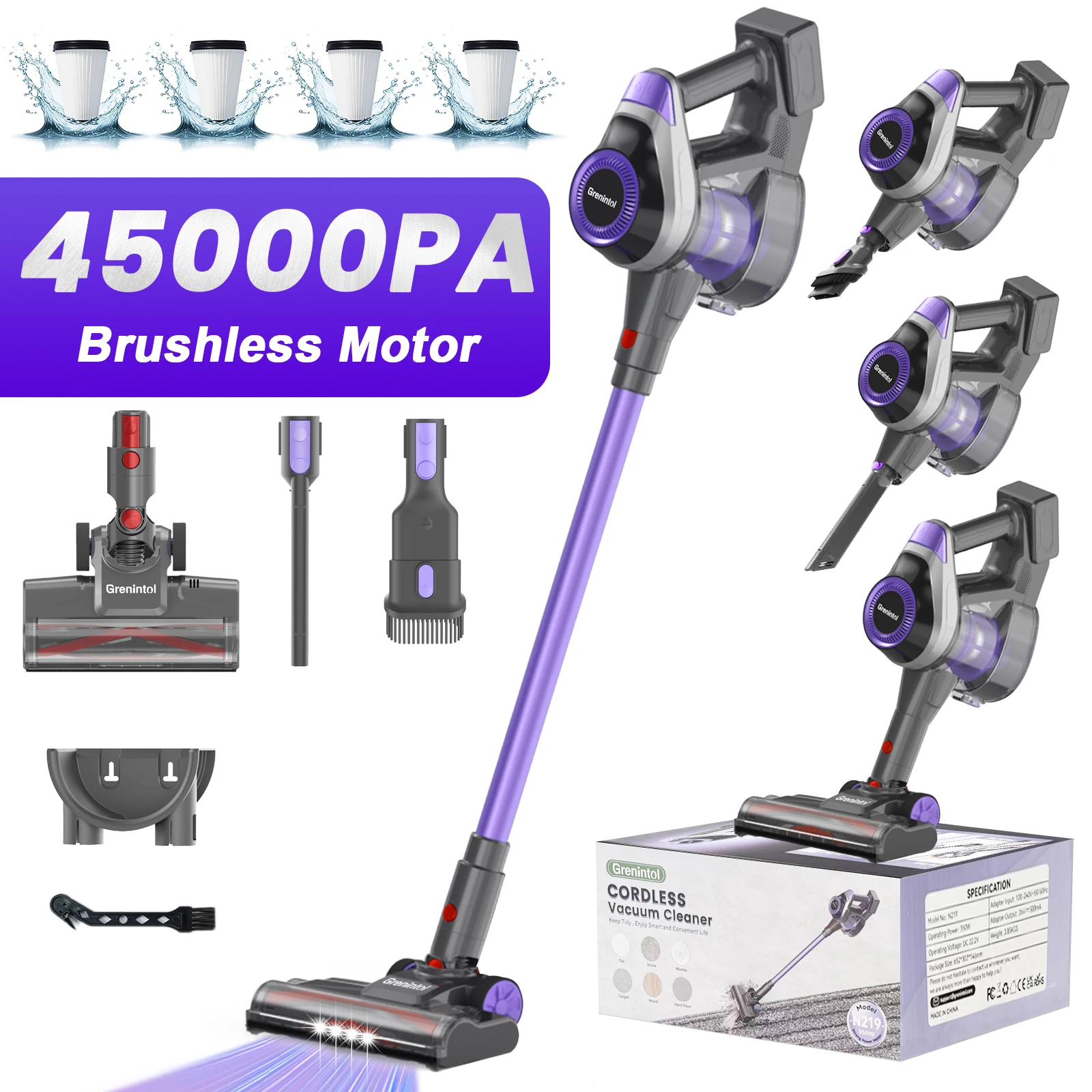Aspirador Sem Fios Grenintol 8-em-1 45000Pa