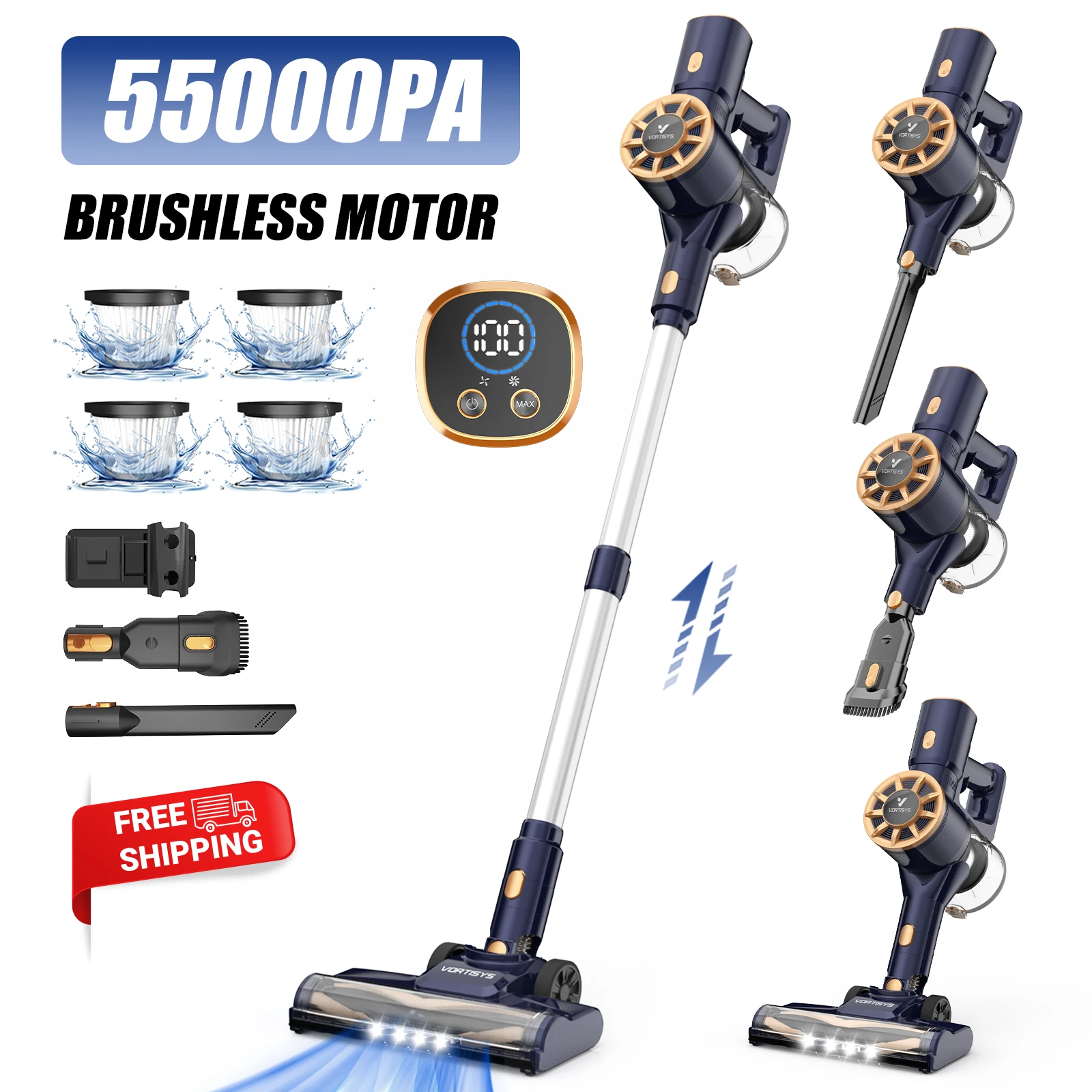 Aspirador Vortisys N9 sem fios, 55000Pa com filtro HEPA