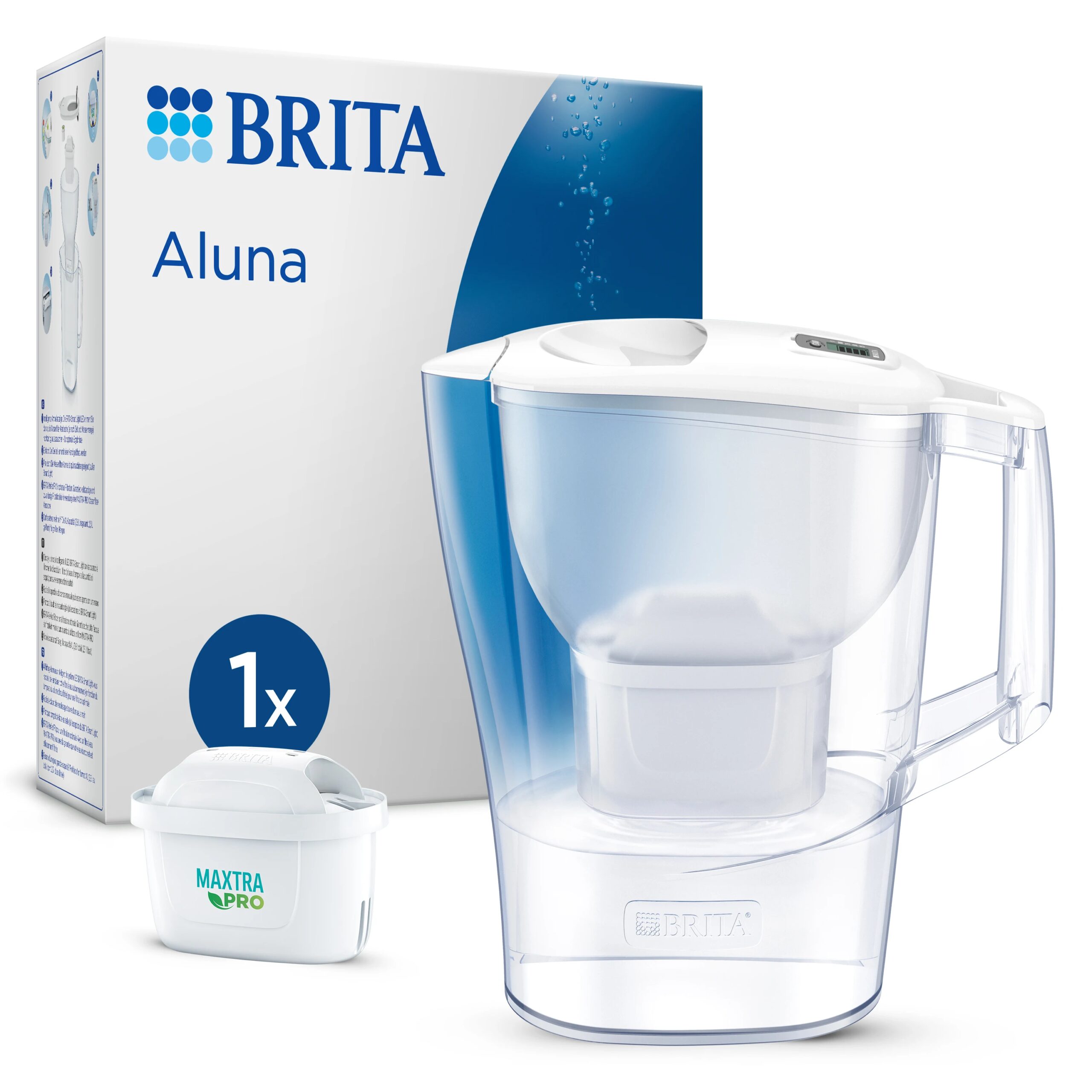 BRITA Aluna Water Filter Pitcher White | Includes 1 MAXTRA PRO All-in-1 Filter | Filters up to 150L | Reduces limescale, chlorine, metals, contaminants | Improves taste | Compact elegant design | BPA-free | Compatible with MAXTRA PRO filters