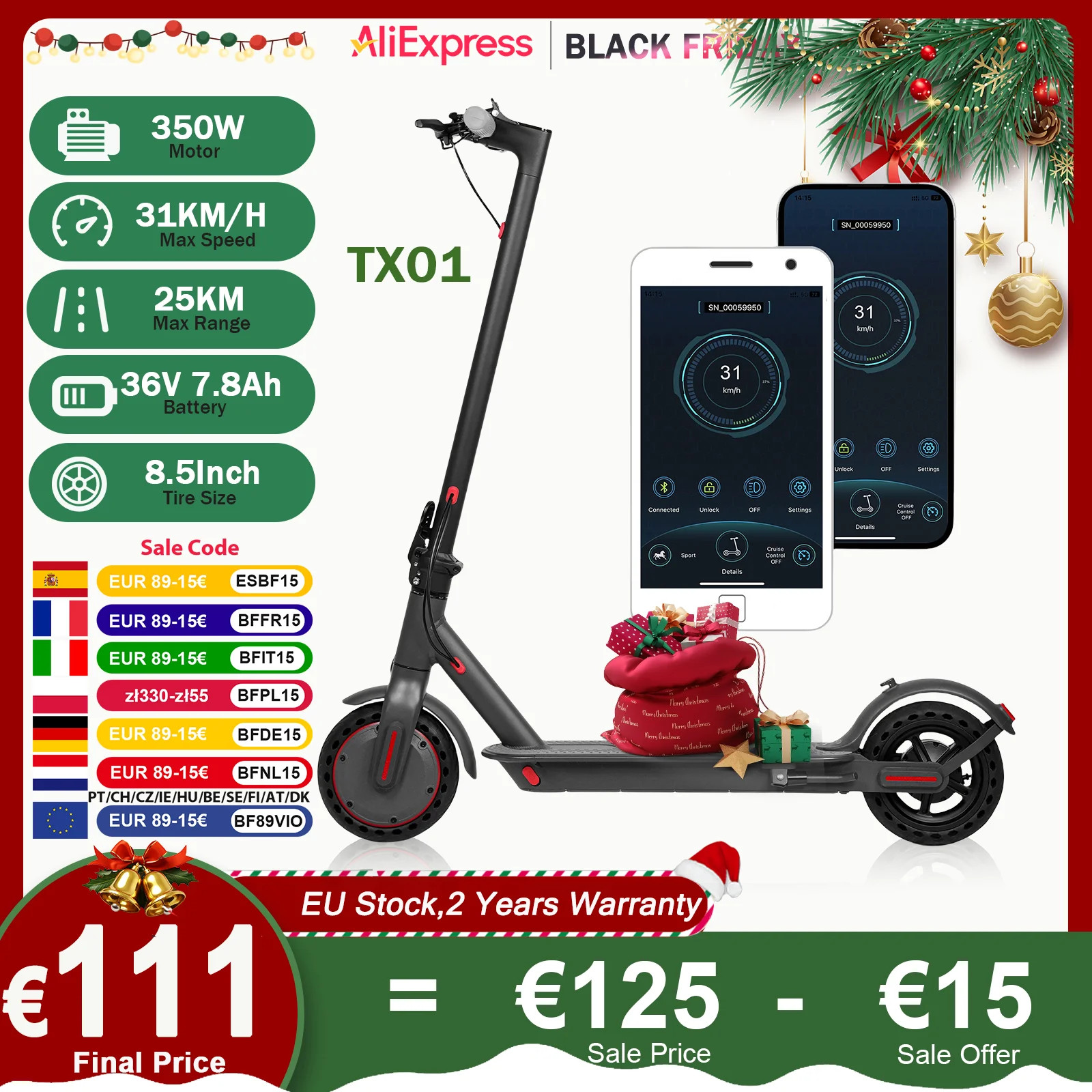 2025 JUICEASE TX01 Electric Scooter 350W Motor 36V 7.8Ah 25 KM Range 31KM/ 8.5 Inch Tires with APP Foldable Adult Kick EScooter