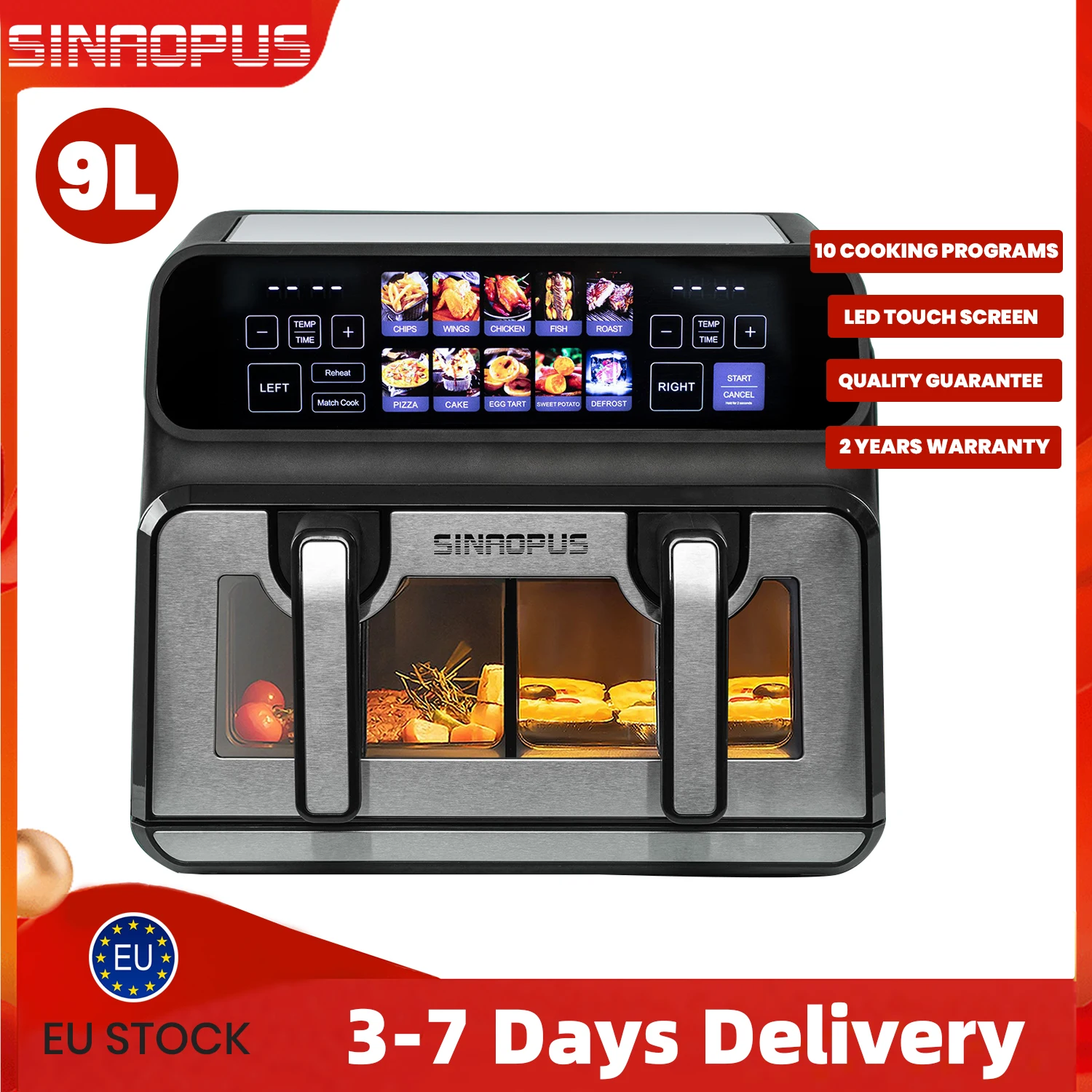 Sinaopus 2200W Hot Air Fryer Dual Basket 9 L XXL Multi-Function Air Fryer with LED Touch Screen Timable Auto Programmes