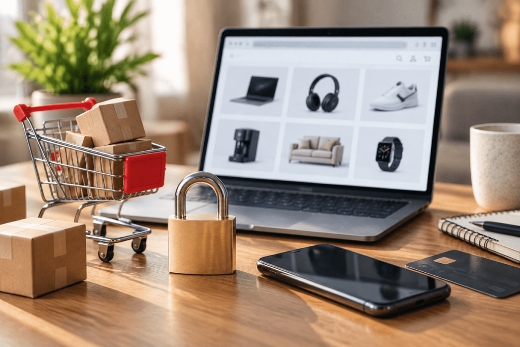 Como Comprar Online com Segurança em Portugal Pessoa a comprar online com segurança, com cadeado, cartão e carrinho de compras sobre uma secretária