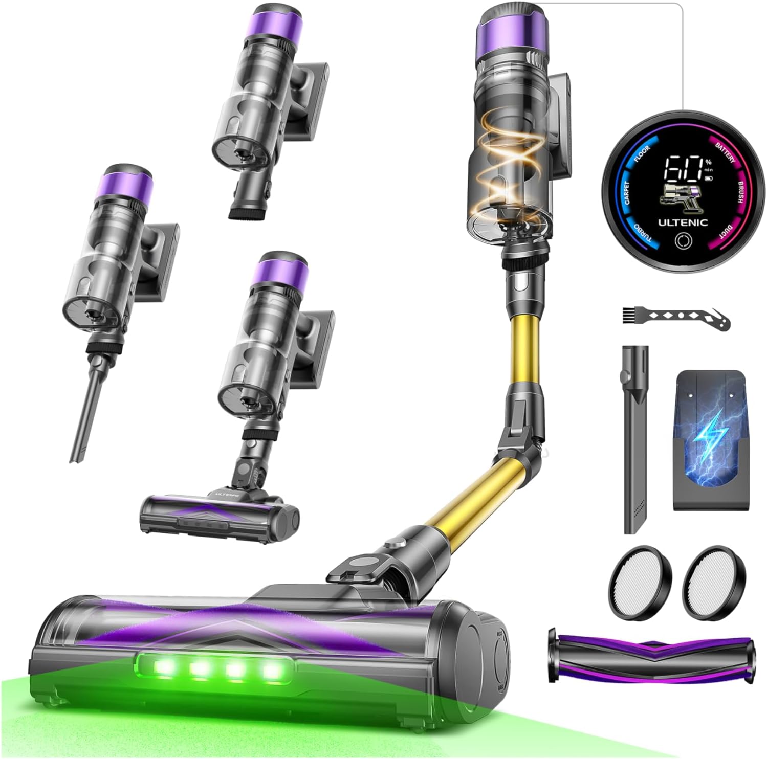 Aspirador Vertical Ultenic Sem Fios Aspirador vertical sem fios Ultenic com 55 kPa — conjunto principal com escova antienredos, acessórios e filtros