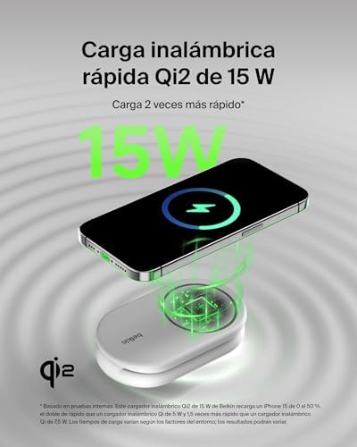 Carregador Magnético Dobrável Belkin BoostCharge Qi2 15W – Branco Belkin BoostCharge Qi2 15W Foldable Magnetic Charger, Wireless Charging Station Compatible with MagSafe, Fast Charging for iPhone 17, Air, Pixelsnap, Non-Slip Stand Base - White