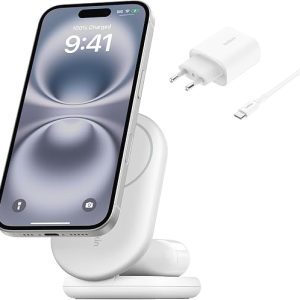 Belkin BoostCharge Qi2 15W Foldable Magnetic Charger, Wireless Charging Station Compatible with MagSafe, Fast Charging for iPhone 17, Air, Pixelsnap, Non-Slip Stand Base - White