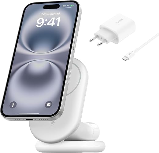 Carregador Magnético Dobrável Belkin BoostCharge Qi2 15W – Branco Belkin BoostCharge Qi2 15W Foldable Magnetic Charger, Wireless Charging Station Compatible with MagSafe, Fast Charging for iPhone 17, Air, Pixelsnap, Non-Slip Stand Base - White