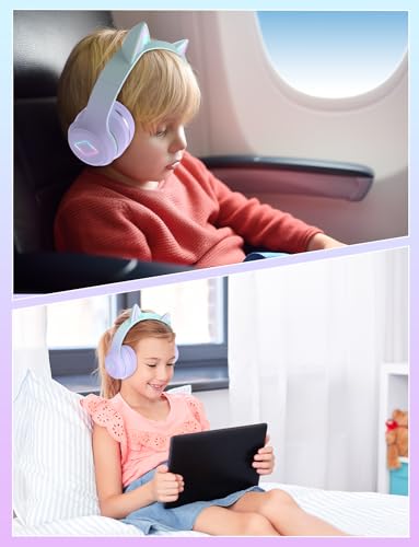 Auscultadores Bluetooth Infantis com Microfone — Orelhas de Gato com LED Bluetooth Headphones for Children with Microphone, Wireless Headphones for Girls, Stereo Sound, Cat Ear with LED Light Headphones for Mobile, Tablet, for Birthday Gift, Boys...