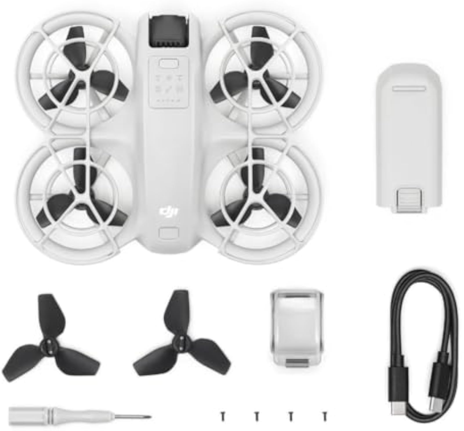 Drone DJI Neo Mini com Câmara 4K Drone DJI Neo com bateria, hélices de substituição, protetores e cabo de carregamento
