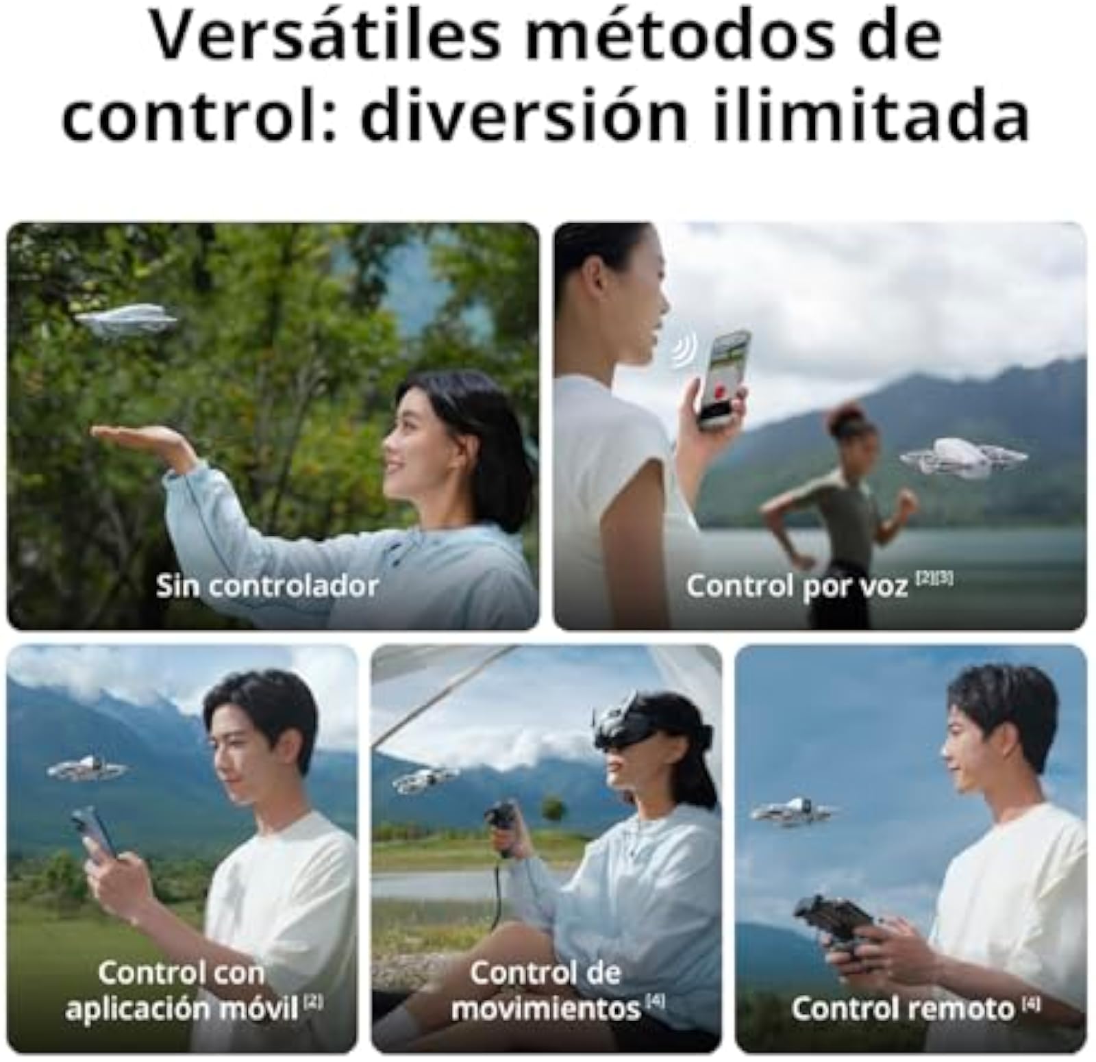 Drone DJI Neo Mini com Câmara 4K Formas de controlo do DJI Neo: sem comando, voz, aplicação, movimento e controlo remoto