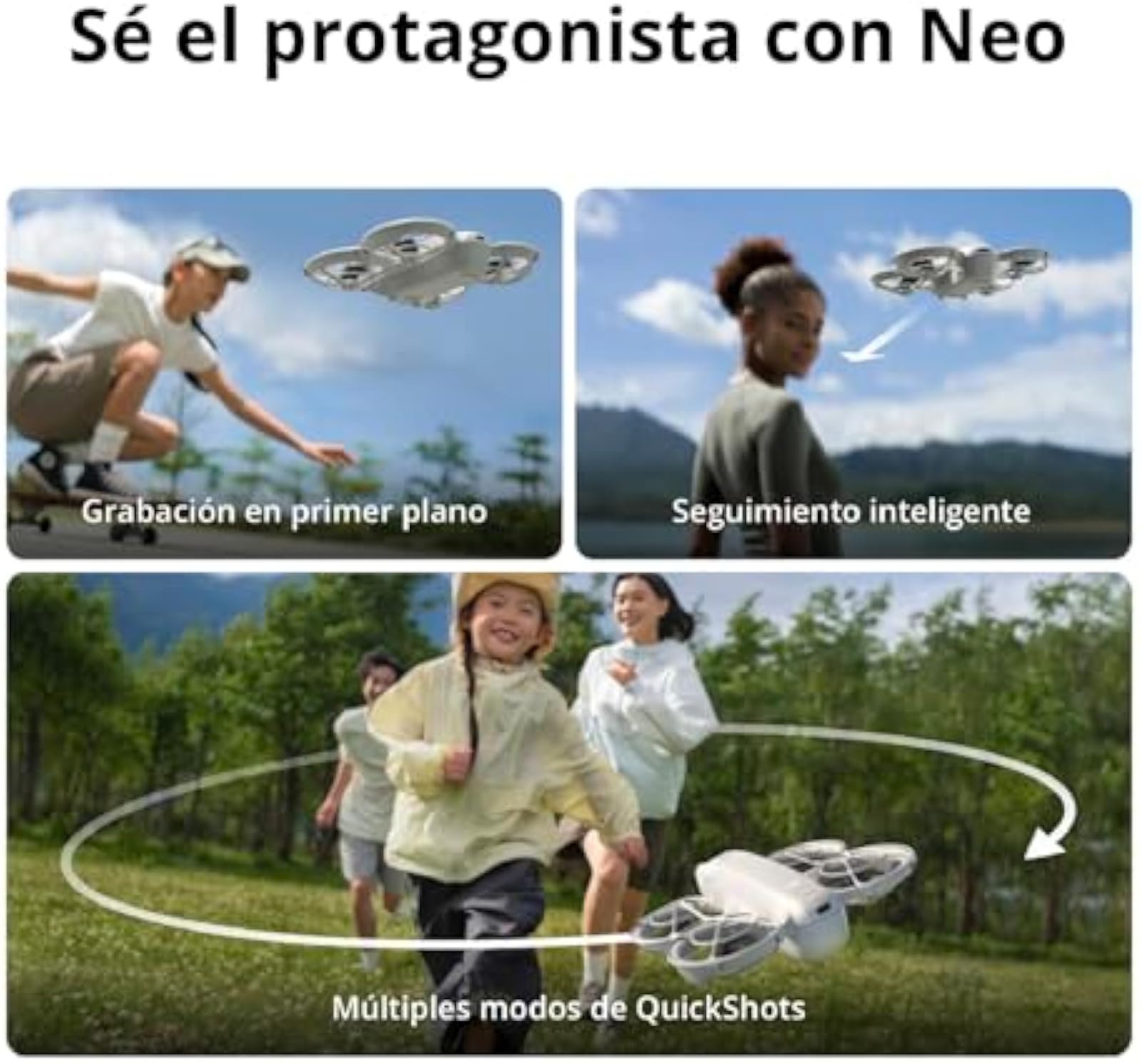 Drone DJI Neo Mini com Câmara 4K DJI Neo a seguir o utilizador em movimento com modos QuickShots