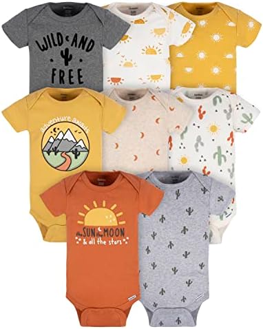 Conjunto de 8 macacões para bebê de manga curta com tema natureza Oito bodies Gerber de manga curta com estampas de natureza em tons terrosos