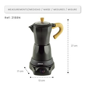 Jocca - 6 Cup Italian Electric Coffee Maker | Nature Line | 360º Rotating Base | Always Hot System | Automatic Shut-off | Cool Touch Handle | Transparent Lid | Black