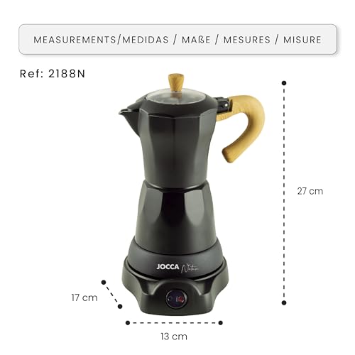Jocca — Cafeteira Italiana Elétrica 6 Chávenas com Base Giratória 360° Jocca - 6 Cup Italian Electric Coffee Maker | Nature Line | 360º Rotating Base | Always Hot System | Automatic Shut-off | Cool Touch Handle | Transparent Lid | Black