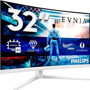 Philips EVNIA 32M2C5501 — monitor gaming curvo QHD de 32" em branco, com destaque para as especificações: ecrã curvo, QHD, 180 Hz e Ambiglow