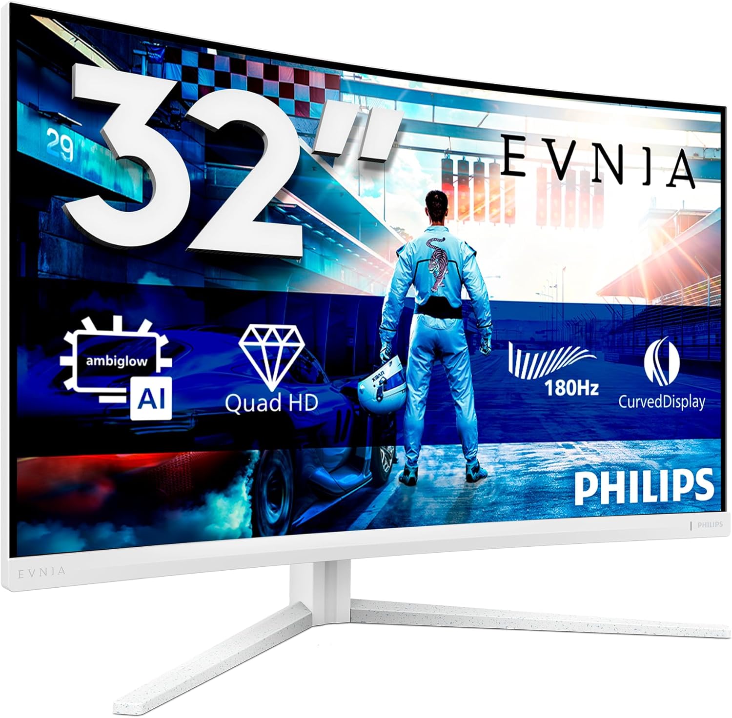 Monitor Gaming Philips 32" Curvo QHD Philips EVNIA 32M2C5501 — monitor gaming curvo QHD de 32" em branco, com destaque para as especificações: ecrã curvo, QHD, 180 Hz e Ambiglow