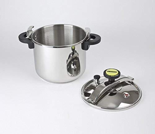 Panela de Pressão Monix Classica 8 Litros — Aço Inoxidável 24 cm Panela de pressão Monix Classica 8 litros com a tampa ao lado, em fundo branco