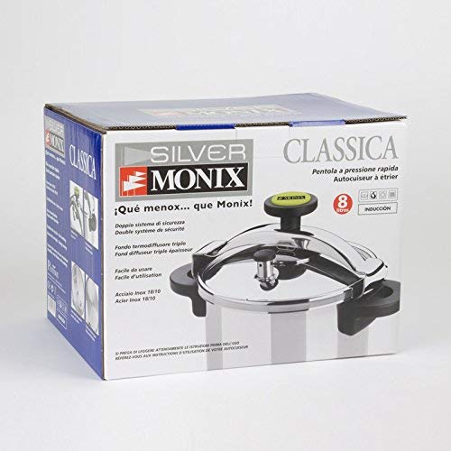 Panela de Pressão Monix Classica 8 Litros — Aço Inoxidável 24 cm Embalagem da panela de pressão Monix Classica 8 litros, compatível com indução