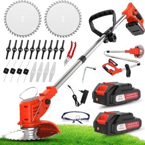 OUTIGO Cordless battery lawn mower, with 4 types of cutting accessories, 2 21V batteries, foldable and adjustable, garden and terrace.