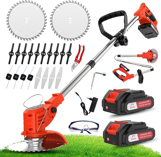 Roçadora a bateria OUTIGO 21V OUTIGO Cordless battery lawn mower, with 4 types of cutting accessories, 2 21V batteries, foldable and adjustable, garden and terrace.