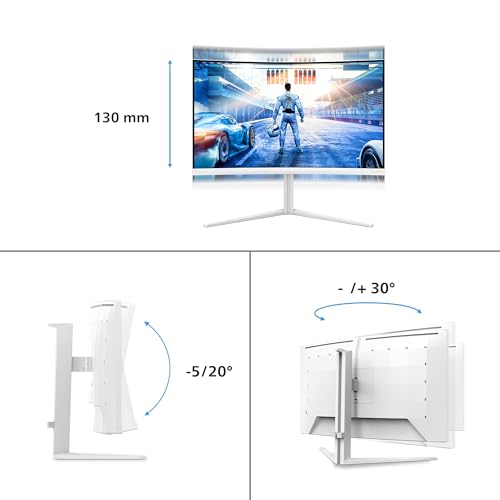 Monitor Gaming Philips 32" Curvo QHD Philips EVNIA 32M2C5501 — ajuste ergonómico: altura (130 mm), inclinação (−5°/20°) e rotação (±30°)