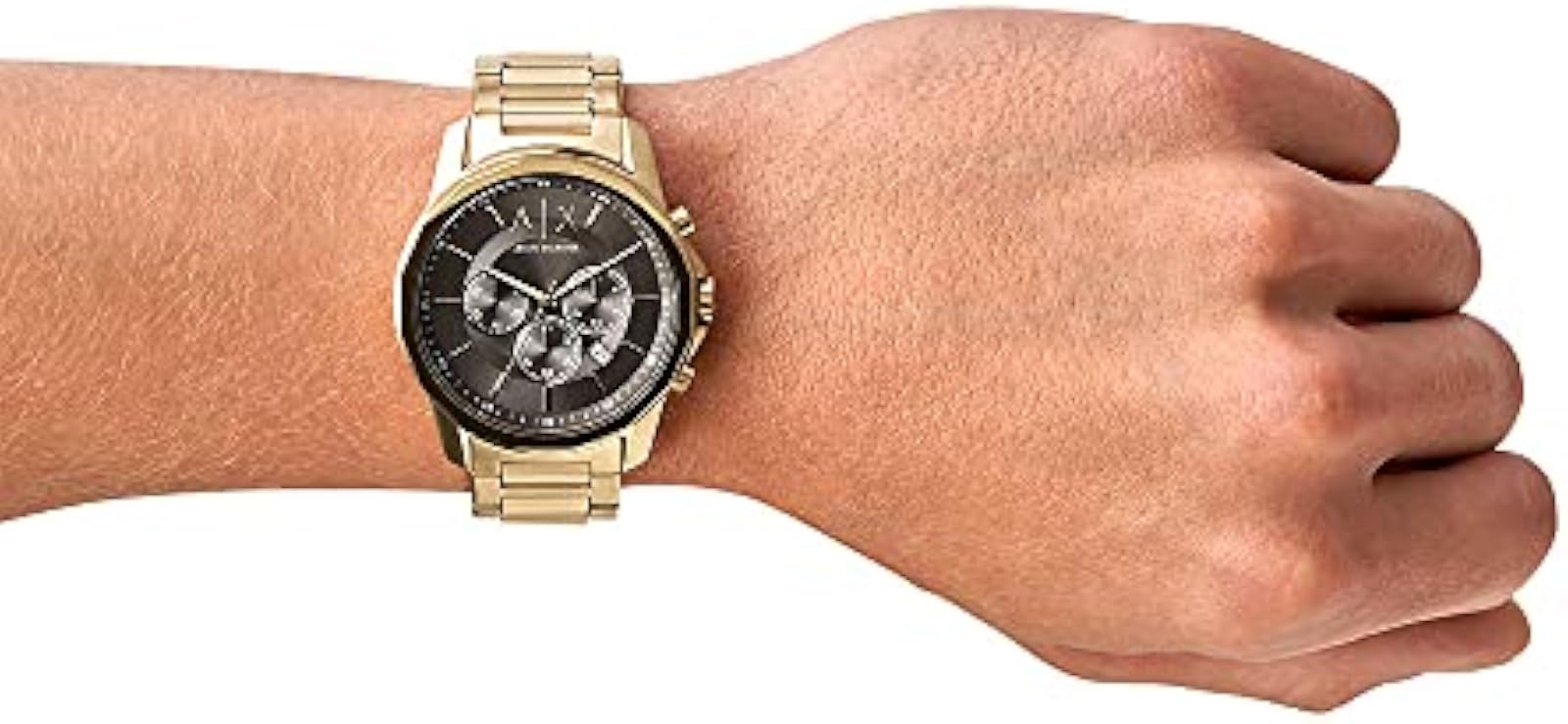 Relógio Armani Exchange AX1721 Relógio Armani Exchange AX1721 dourado usado no pulso, com mostrador cinzento e cronógrafo