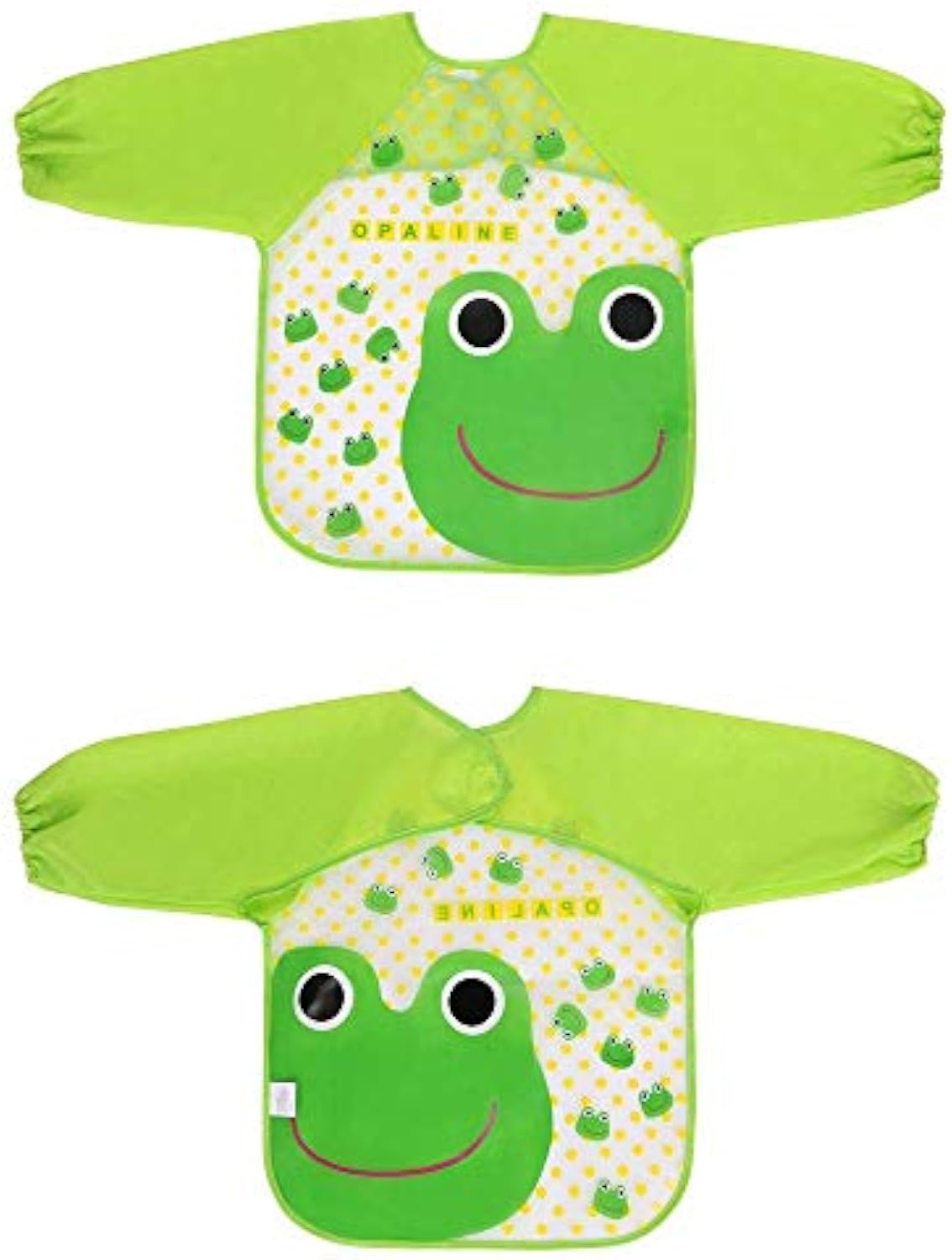 Babetes Impermeáveis Vicloon – Pack de 4 com Mangas Compridas para Bebé Babete impermeável Vicloon com estampa de sapo, visto de frente e de verso