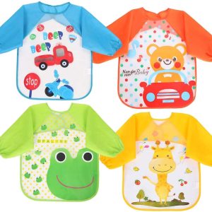 Babetes impermeáveis Vicloon, pack de 4 com mangas compridas: azul com veículos, laranja com urso, verde com sapo e amarelo com girafa