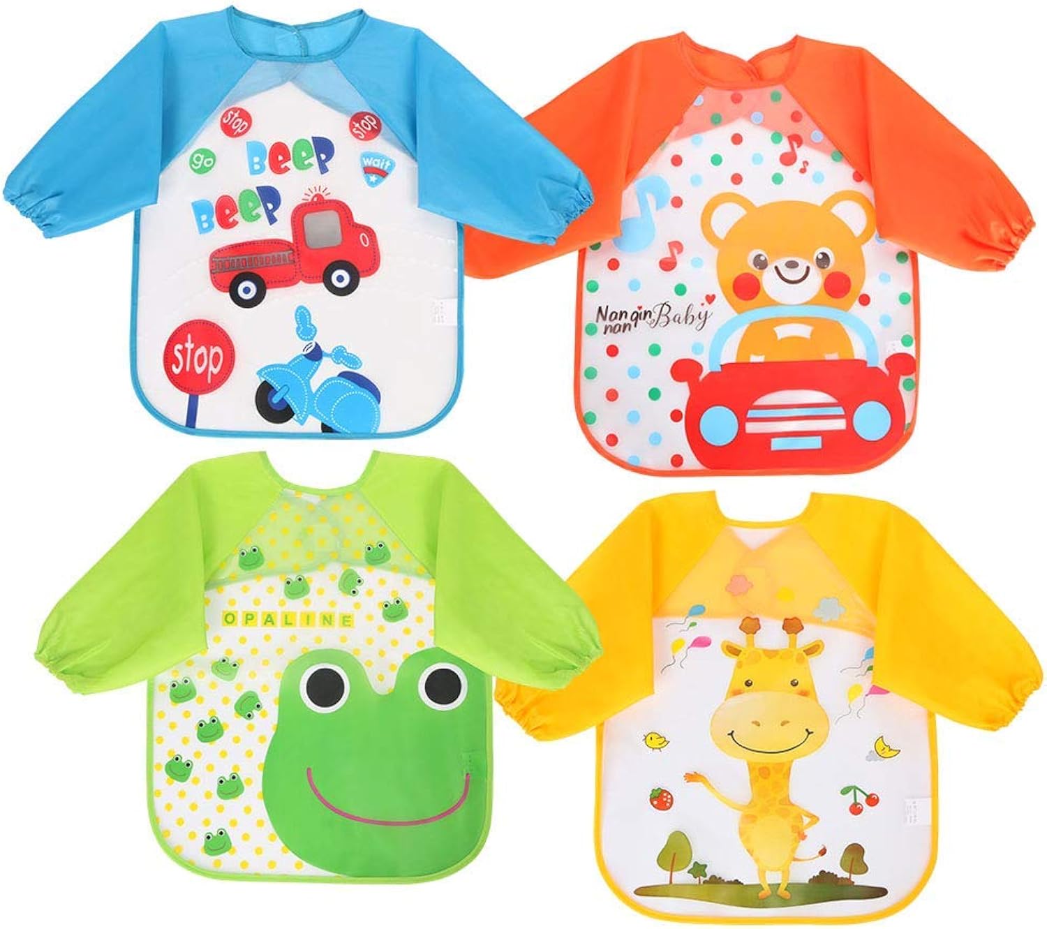 Babetes Impermeáveis Vicloon – Pack de 4 com Mangas Compridas para Bebé Babetes impermeáveis Vicloon, pack de 4 com mangas compridas: azul com veículos, laranja com urso, verde com sapo e amarelo com girafa