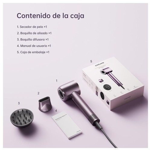 Secador de Cabelo DREAME Hair Glory Combo Secador de Cabelo DREAME Hair Glory Combo — conteúdo da embalagem (secador e acessórios)