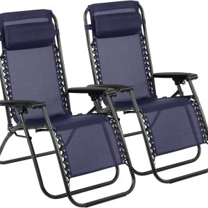 Zero Gravity Chair Folding Sun Lounger Adjustable Recliner Chair Set of 2 with Headrest for Garden Patio Deck Beach Summer (Blue)