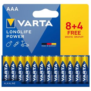 Pilhas Alcalinas AAA VARTA Longlife Power – Pack de 12 (8+4)